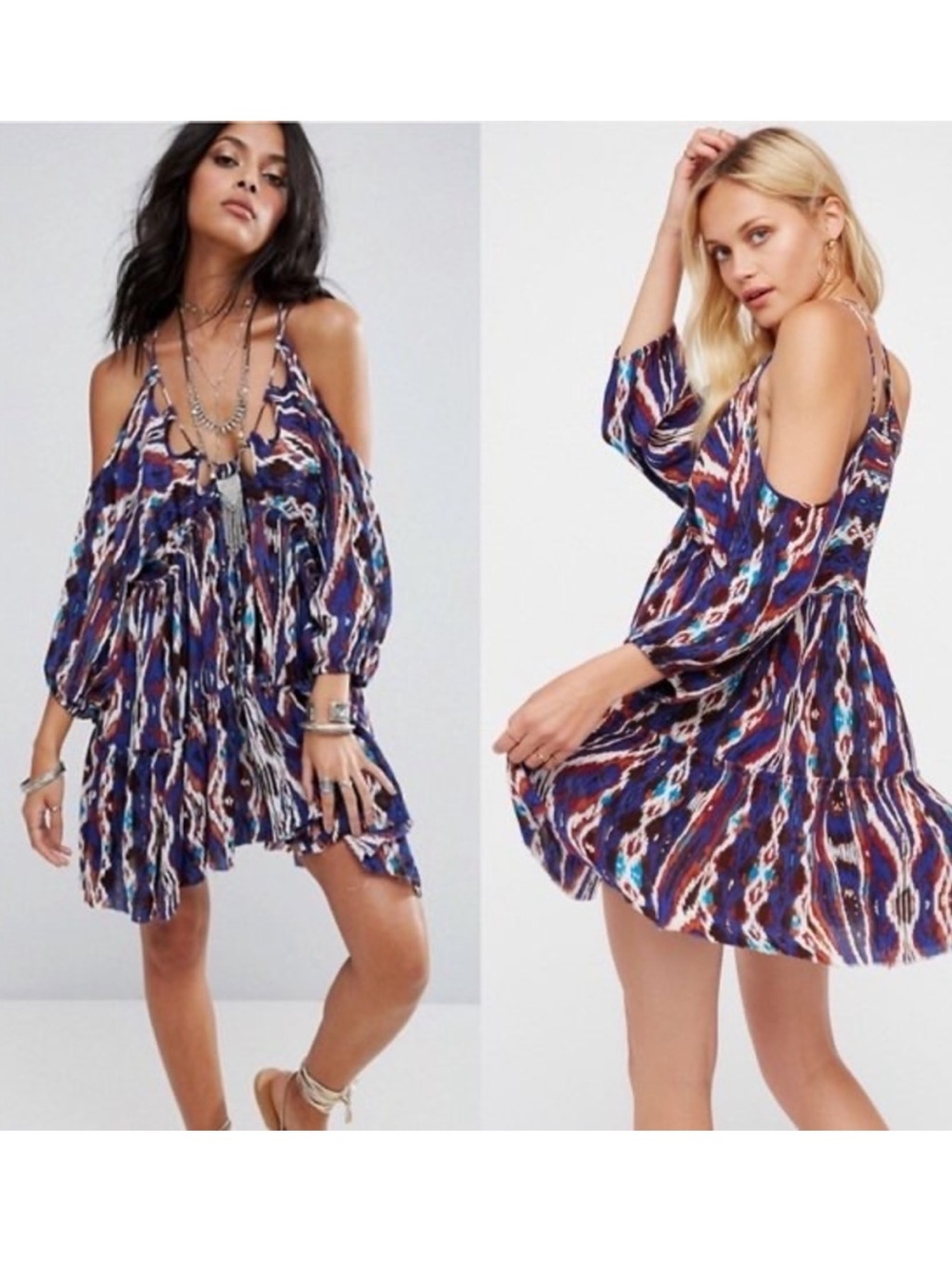 FP One Free People Boho Cold Shoulder Blue Ikat Mini Dress